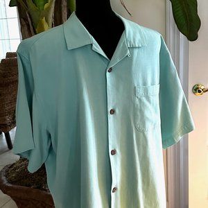 Tommy Bahama Short Sleeve Shirt, Men’s XL Aqua, 100% Silk, Wooden Buttons